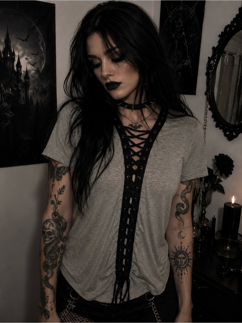 Forever 21 Gothic Gray Stylish Comfortable Lace-Up V-Neck Tee with Black Trim